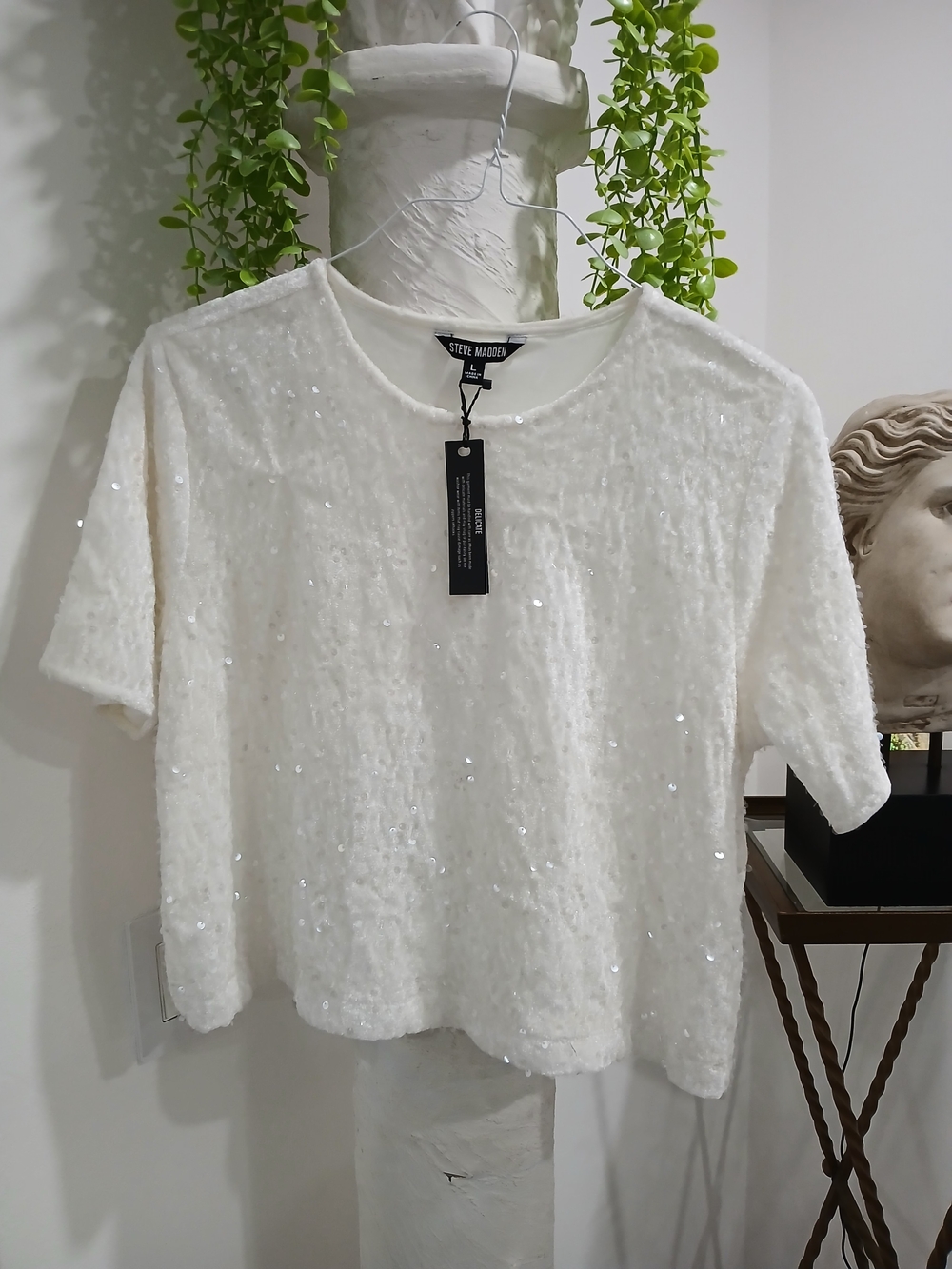 Steve Madden White Sequin Cropped Short Sleeve Top